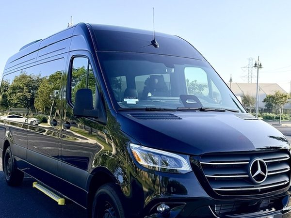 Black Mercedes-Benz 15-passenger Sprinter van with long tall roof for rent in Anaheim, California