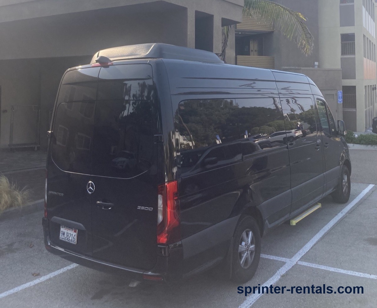 Mercedes-Benz Sprinter 2500 high roof passenger van parked on an Anaheim rental trip