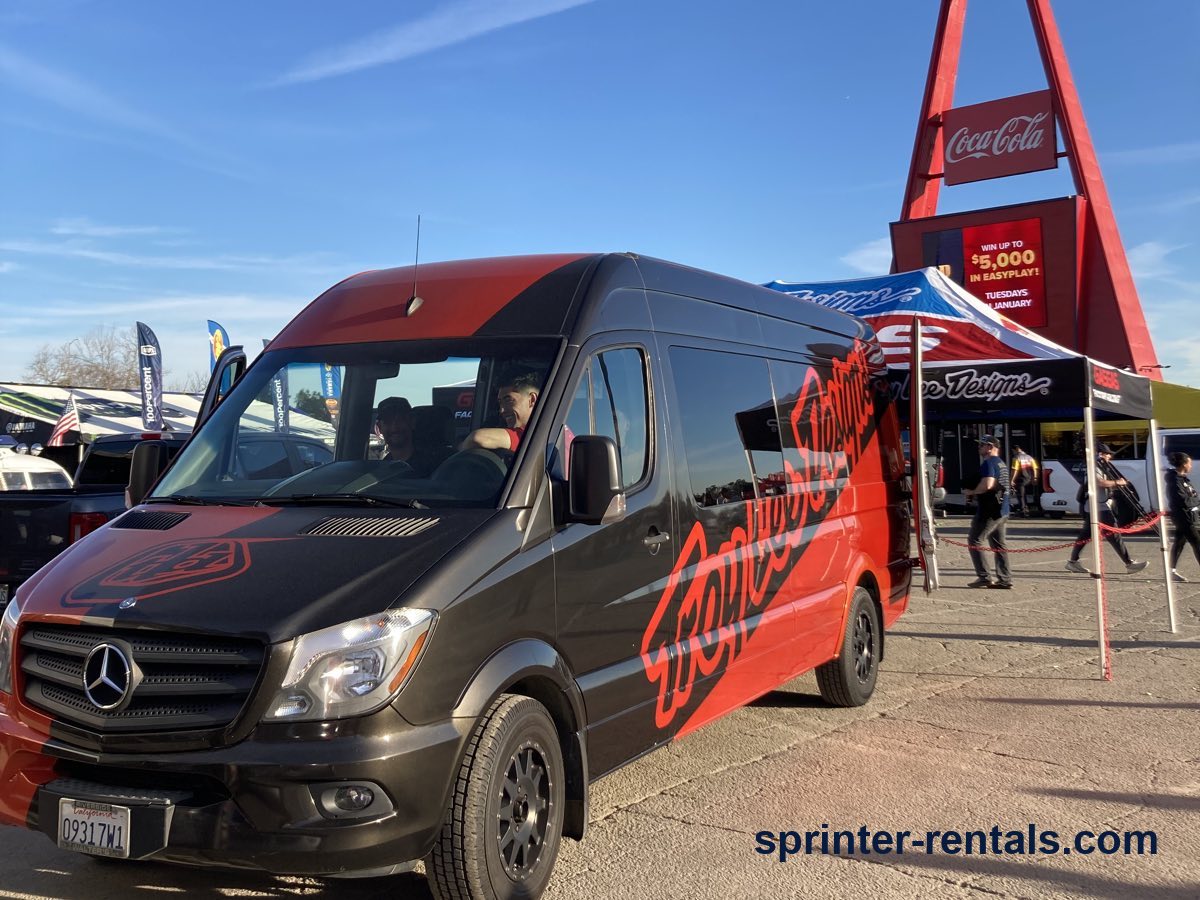 Wrapped Mercedes-Benz Sprinter van parked at a race event near Angel Stadium in Anaheim, California