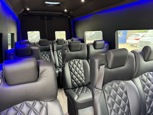 Luxury light blue Sprinter van available for rent in Dallas, Fort Worth