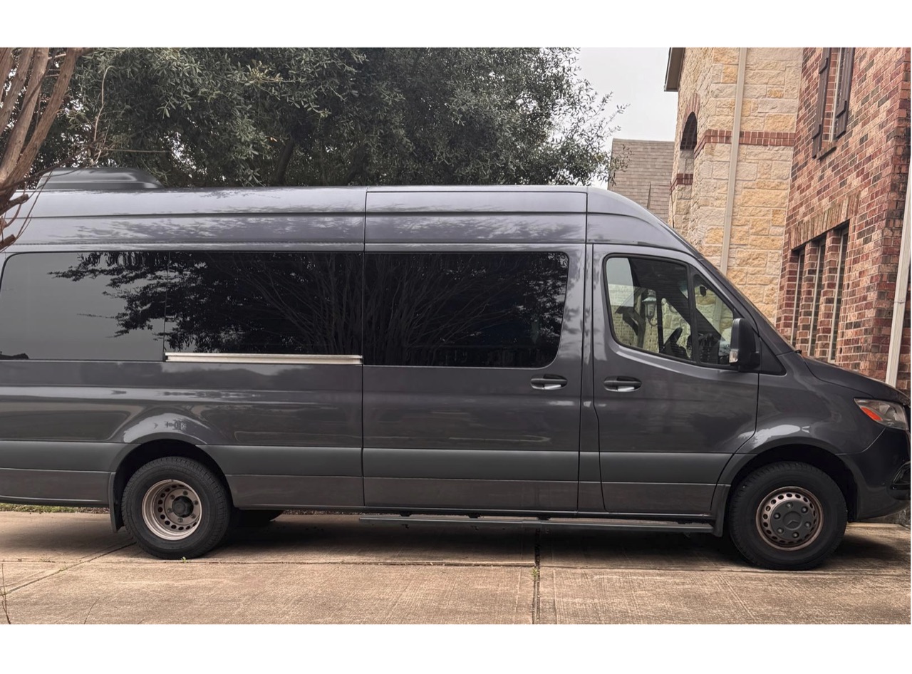 Anthracite Mercedes-Benz Sprinter limo bus van available for rent in Lubbock, TX