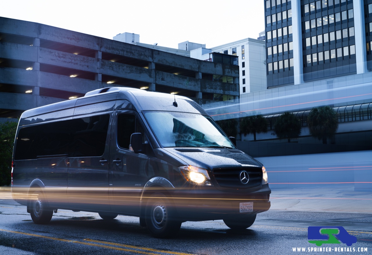 Black Mercedes-Benz Sprinter passenger van available for rent in Richmond, VA near RIC airport