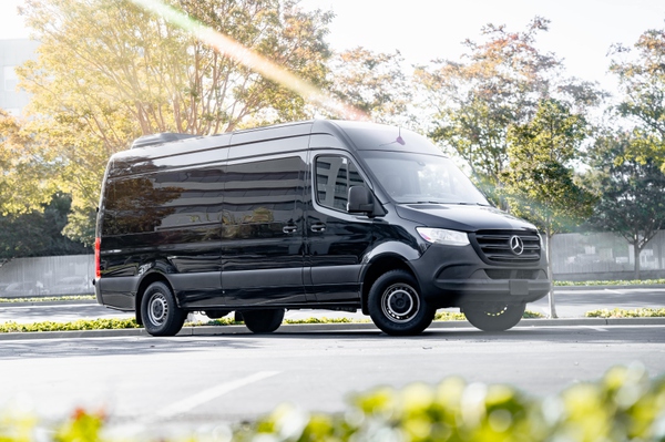 15-seater black Mercedes-Benz Sprinter van for rent in San Jose