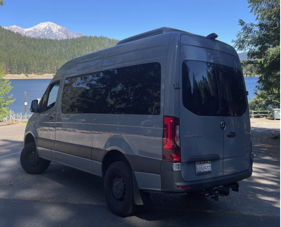 Sprinter van rental parked near the mountains in Vancouver, WA