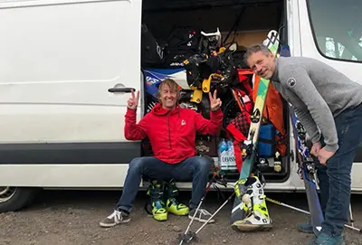 A rented Mercedes-Benz Sprinter cargo van packed with ski gear and equipment, perfect for outdoor adventures